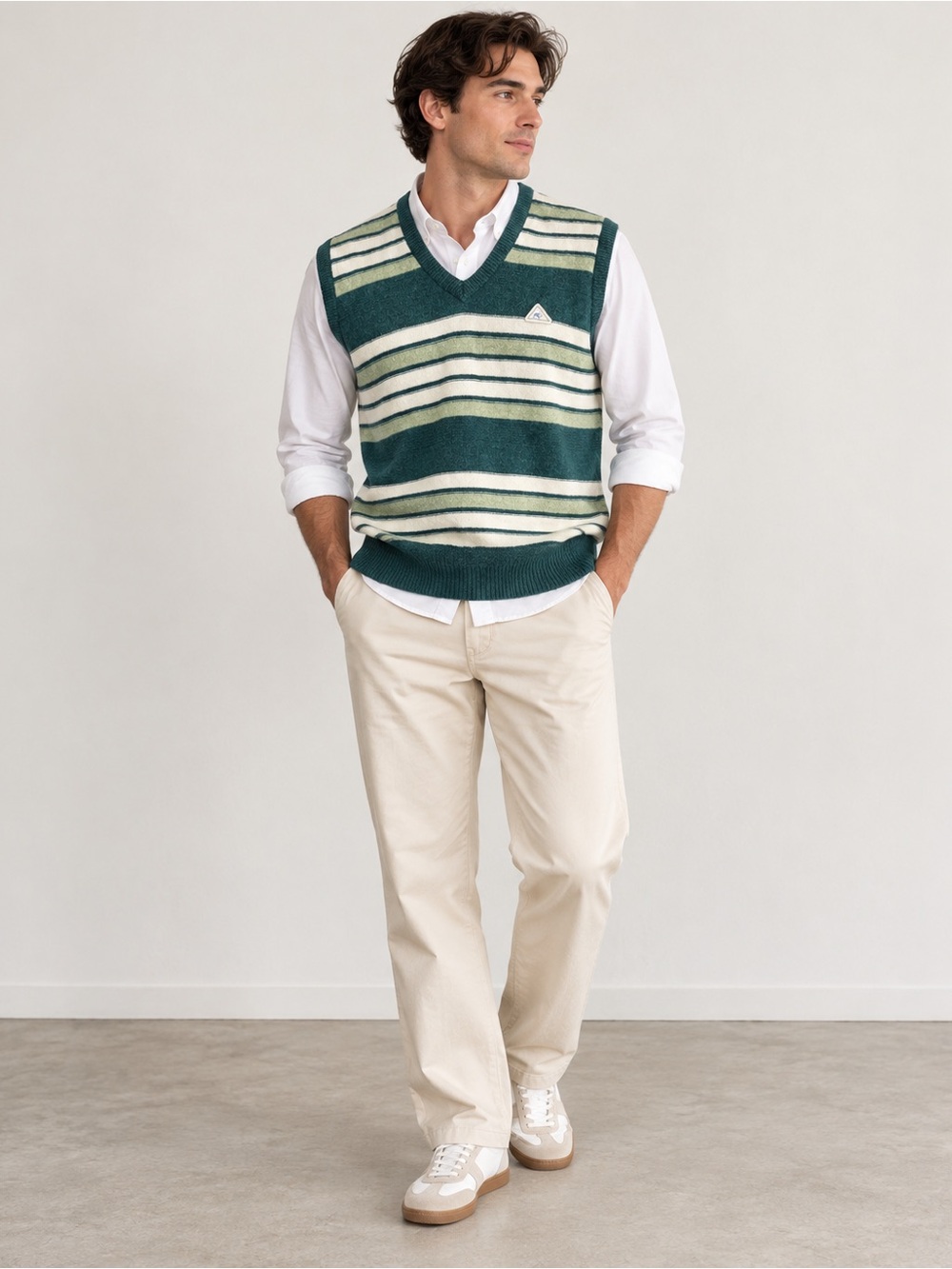 Monte Carlo Lambswool Blend Sweater Vest Size 40 Green Stripe